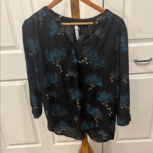 NY Collection Black Blouse with Blue Floral Pattern